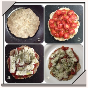 1. Pão árabe assado na frigideira; 2. Pão + molho de tomate + tomatinho cereja; 3. Foto 2 + mussarela de búfala, orégano, pimenta do reino e azeite de oliva; 4. Mini pizza pronta após uns minutinhos no forno!